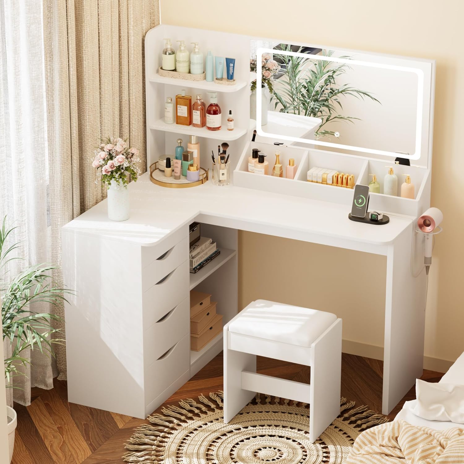 YESHOMY Vanity Desk with Lights and Mirror, L Shaped Makeup Table, Dresser with Hairdryer Holder and Power Outlet, Adjustable 3 Lighting Modes, 5 Drawers and Adjustabled Open Storage Shelves, White