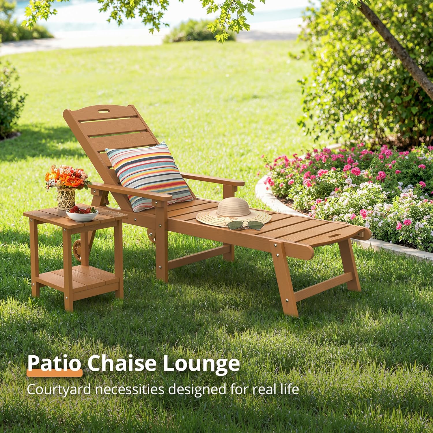 LUE BONA Outdoor Chaise Lounge Chairs Set of 2  HDPS Chaise Lounger  5 Positions Adjustable Lounge Chairs  Pool Lounge Chair with Wheels for Poolside  Patio  Restaurant  3 Year Warranty  Teak Color