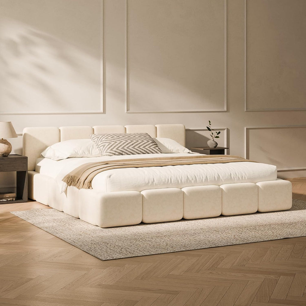 RECCI Cloud King Upholstered Platform Bed Frame, Low Profile Grounded Design with Plush Headboard & Footboard, Wood Slat Support, Noise-Free, No Box Spring Required, Beige