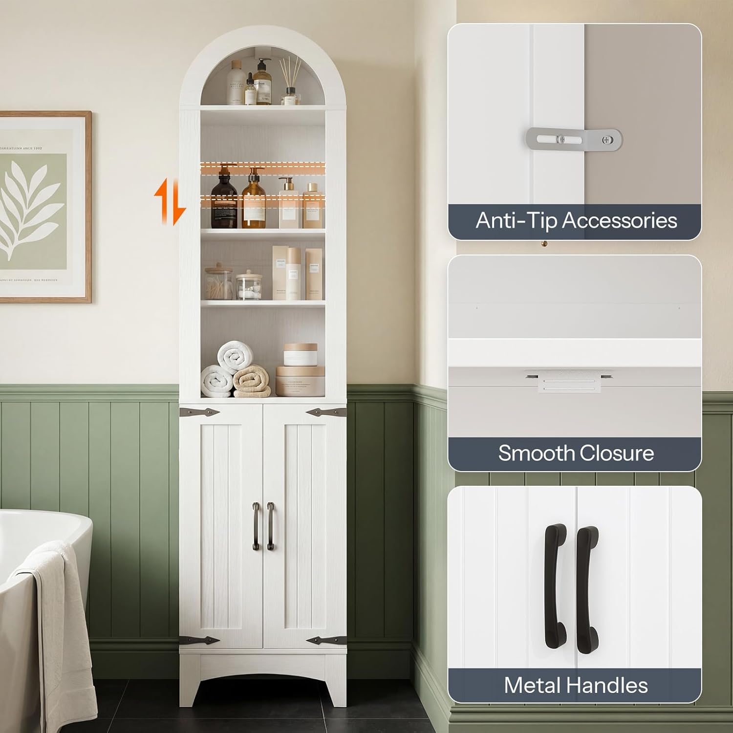 HOOBRO 67" Tall Narrow Bathroom Storage Cabinet, Arched Freestanding Floor Cabinet with 3 Adjustable Shelves and 2 Doors for Small Space, Space Saving Organizer for Bathroom, Living Room, White