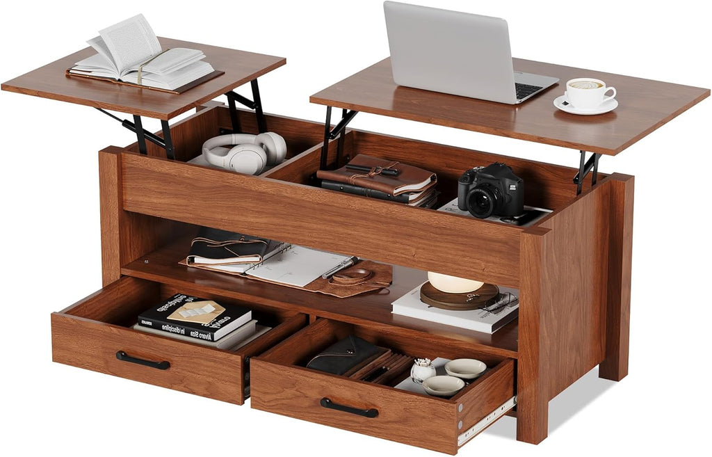 GarveeHome Coffee Table Lift Top, Convertible Coffee Table with Wooden Lift Tabletop, 2 Drawers and Hidden Compartment, Central Table with Storage for Living Room Home Office, Brown