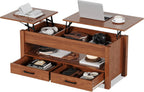 GarveeHome Coffee Table Lift Top, Convertible Coffee Table with Wooden Lift Tabletop, 2 Drawers and Hidden Compartment, Central Table with Storage for Living Room Home Office, Brown