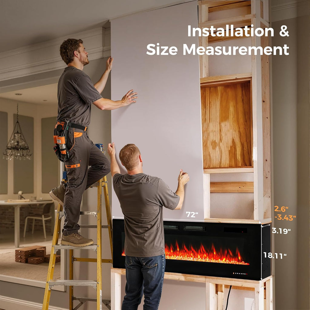 GREEN PARTY 72" Electric Fireplace Recessed/Wall Mounted Ultrathin 3.2" Fireplace Heater, Low Noise Linear Fireplace with Remote Control/Touch Screen, 8hrs Timer, Adjustable Flame & Bed Colors & Speed
