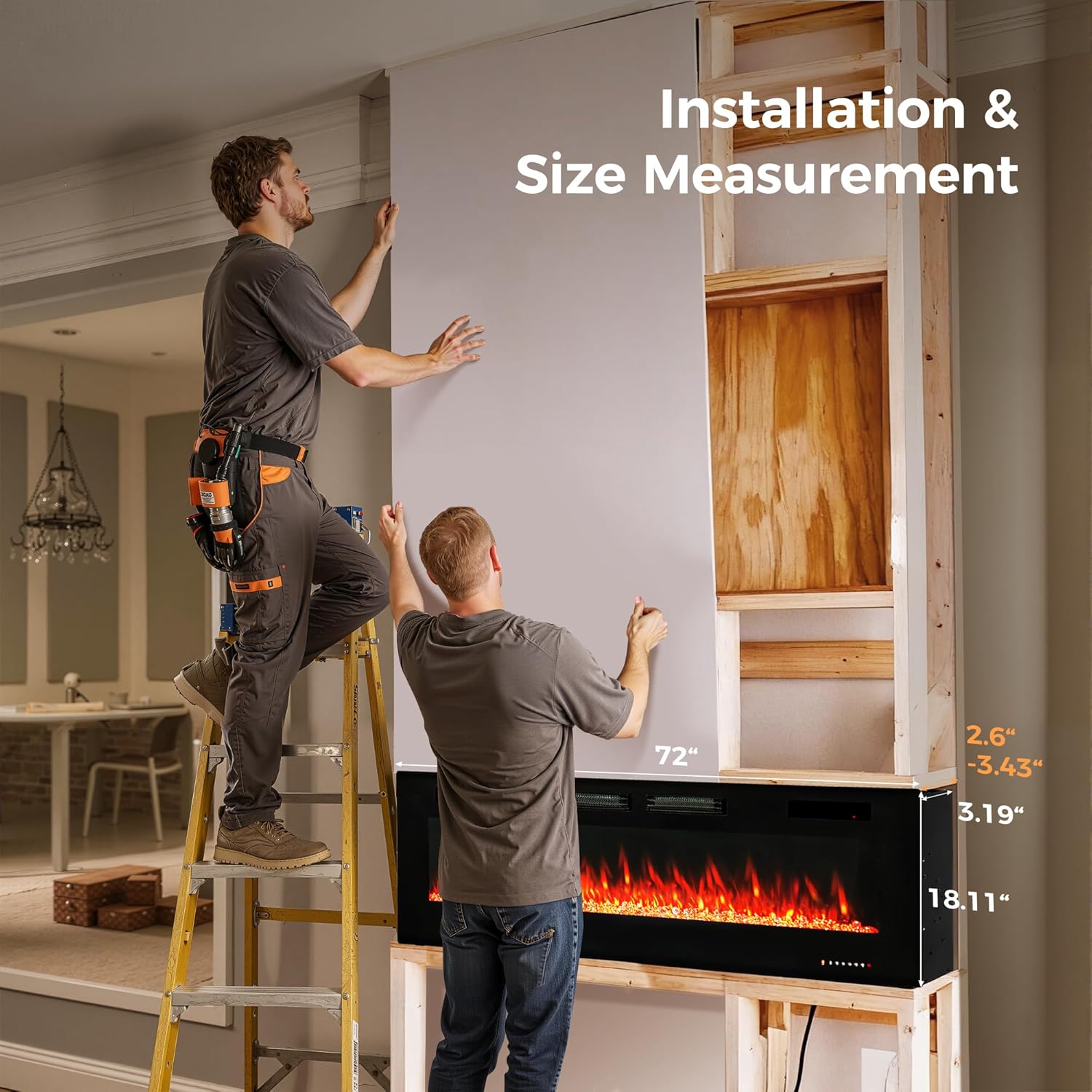 GREEN PARTY 72" Electric Fireplace Recessed/Wall Mounted Ultrathin 3.2" Fireplace Heater, Low Noise Linear Fireplace with Remote Control/Touch Screen, 8hrs Timer, Adjustable Flame & Bed Colors & Speed