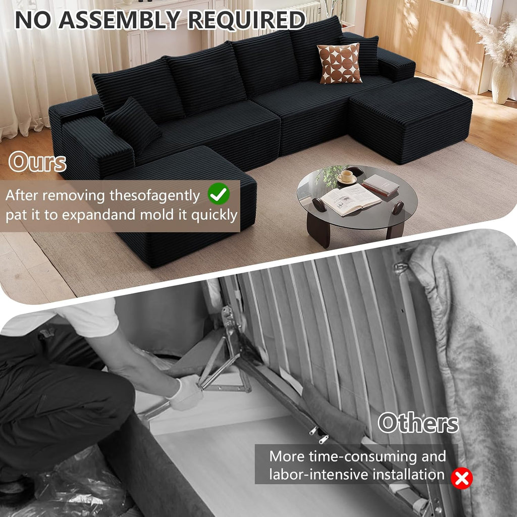 140" Modular Sectional Sofa with 2 Ottomans, Modern Corduroy Cloud Couch with Deep Seat, Boneless Couch Upholstered 4-Seater U-Shaped Sofa for Living Room, No Assembly Required (Black,2 Ottomans)