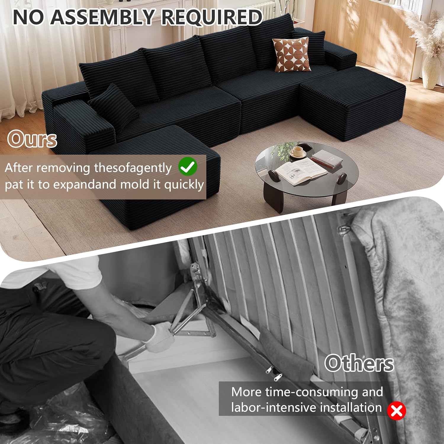 140" Modular Sectional Sofa with 2 Ottomans, Modern Corduroy Cloud Couch with Deep Seat, Boneless Couch Upholstered 4-Seater U-Shaped Sofa for Living Room, No Assembly Required (Black,2 Ottomans)