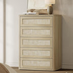 SICOTAS Tall Dresser for Bedroom - Rattan 5 Drawer Dressers Chest of Drawers with Push-to-Open Design, Boho Extra Deep Clothes Dresser with Large Storage for Closet, Living Room, Sand Oak