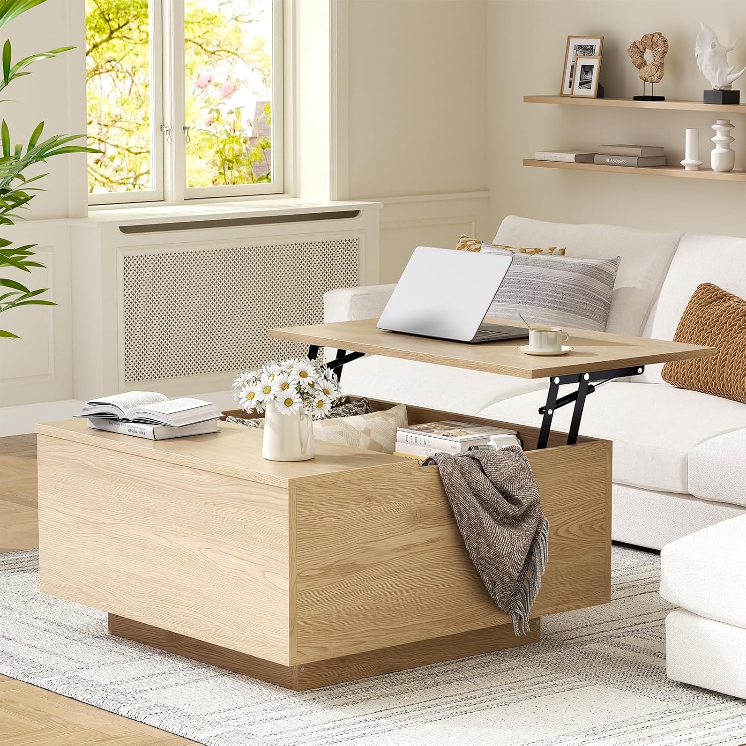 FABATO Lift Top Coffee Table, Wood Square Coffee Table with Storage, Farmhouse Coffee Tables with Hidden Storage Compartment, Center Table with Lifting Tabletop for Living Room, Home Office, Natural