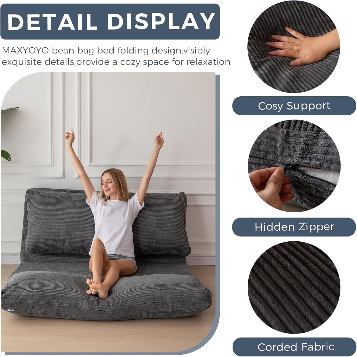 MAXYOYO Folding Sofa Bed, Extra Thick and Long Floor Sofa Convertible Sleeper Chair with Washable Cover, Floor Couch Lounge Bean Bag Bed for Living Room, Dark Grey, 30x95 Inch