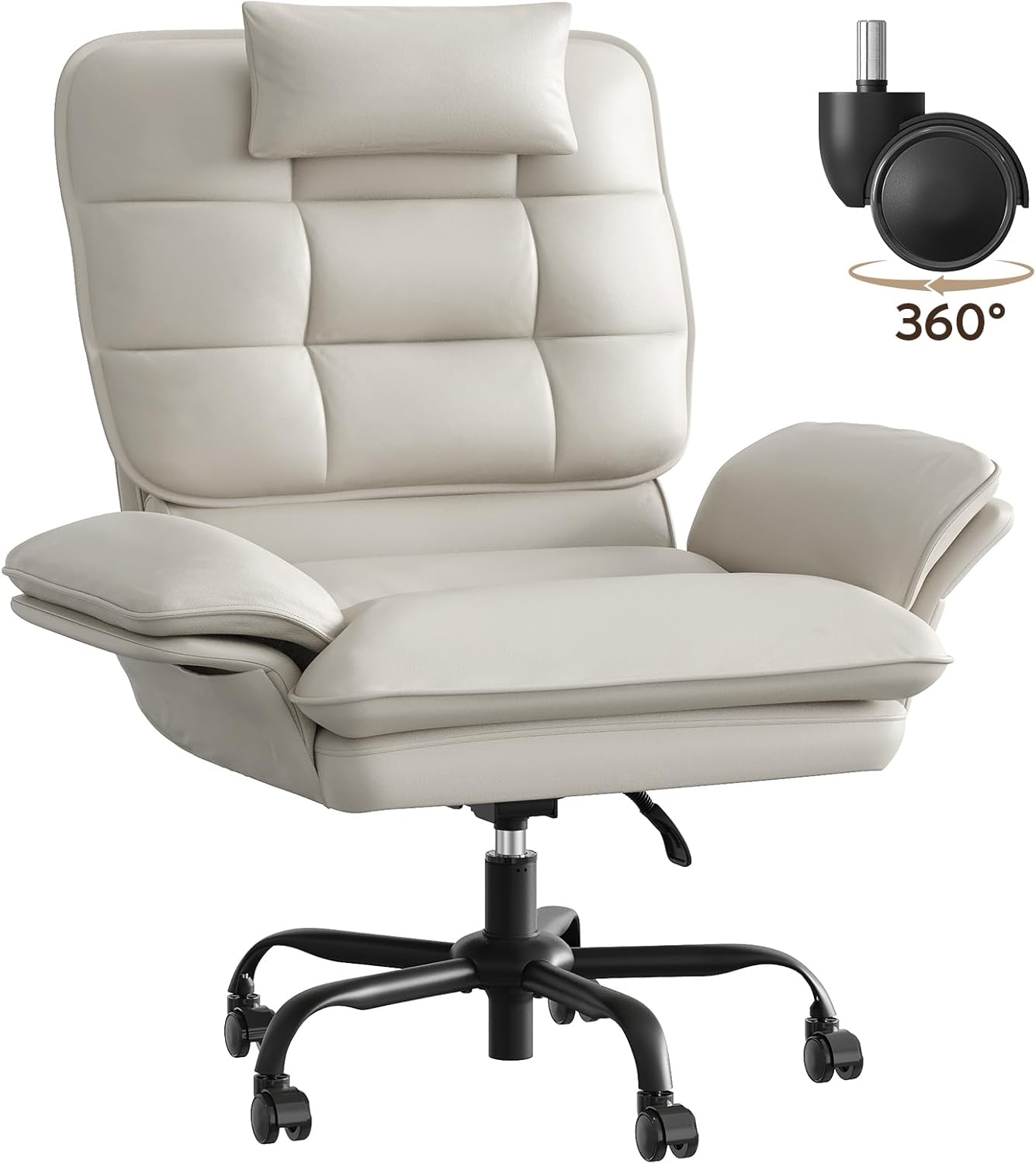 Bestier Cross Legged Office Chair Criss Cross Chair with Adjustable Arms 135° Reclining PU Leather Executive Chair with Wheels Big and Tall Computer Desk Chair for Home Office Beige