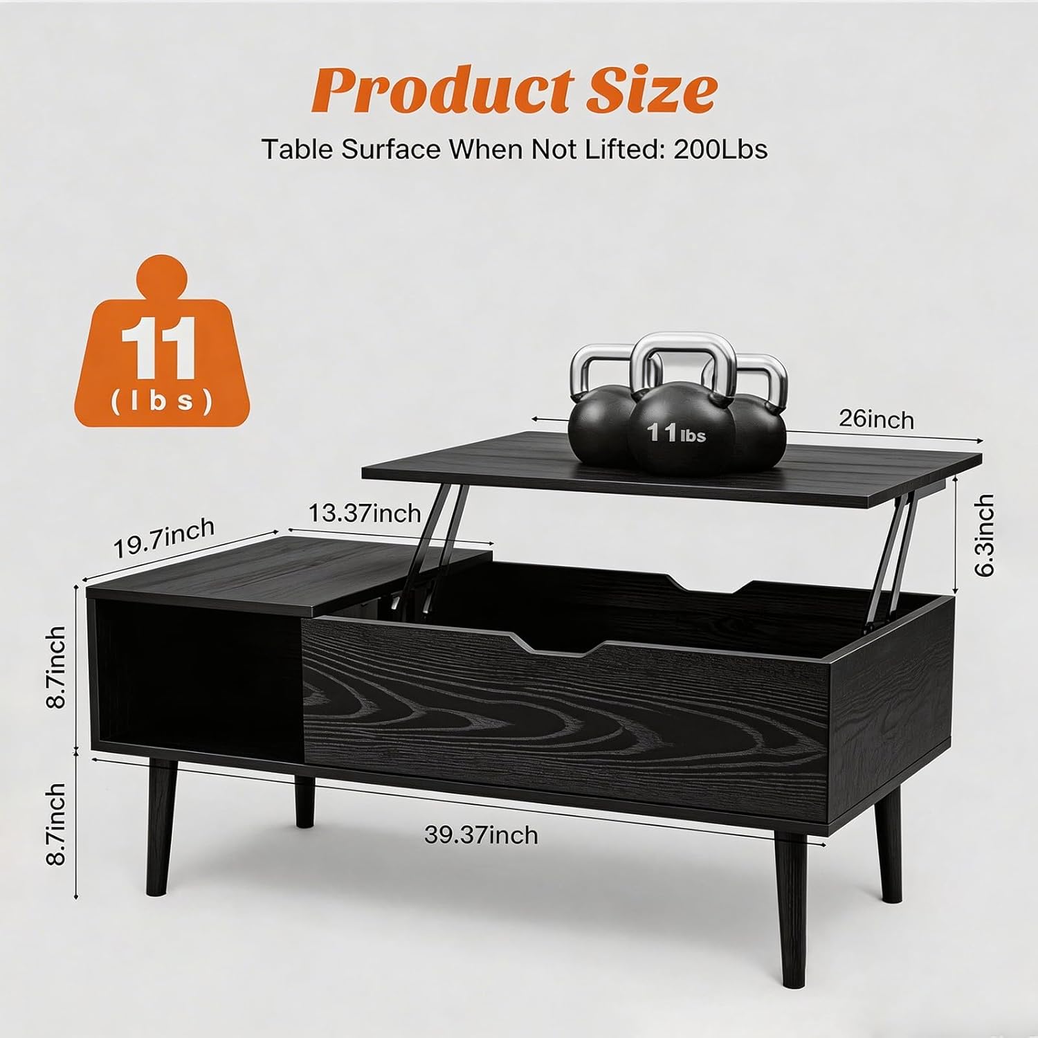 Lift Top Coffee Table, Mid Century Modern Storage Coffee Table, Center Table for Living Room with Hidden Storage and Open Shelving, Suitable for Living Room Tables, Black