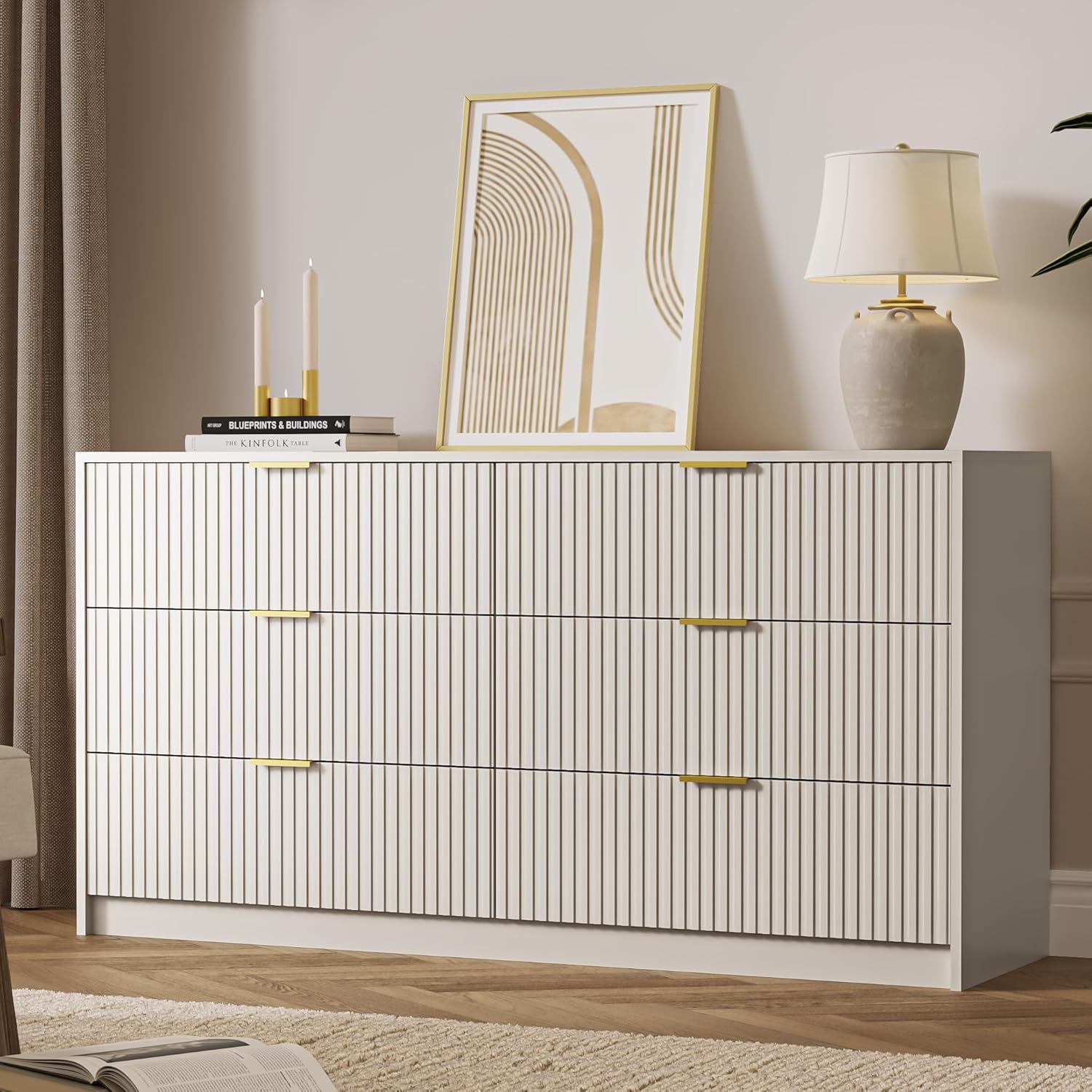 6 Drawer Dresser for Bedroom, 55" Wide Modern Chest of Drawers with Gold Metal Handles, Fluted Wood TV Stand for Living Room, Hallway(Beige)