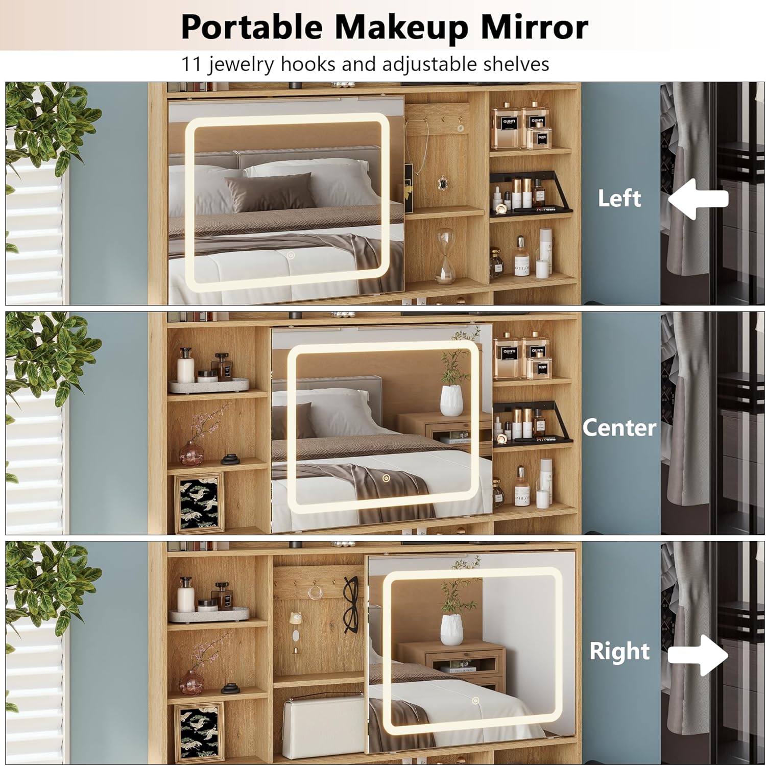 43.3" Fluted Vanity Desk with Mirror and Lights, Wood Makeup Vanity Desk with Charging Station & Mobile Mirror, Modern Dressing Table with Adjustable Shelves & Jewelry Hooks for Girls, Women, Oak
