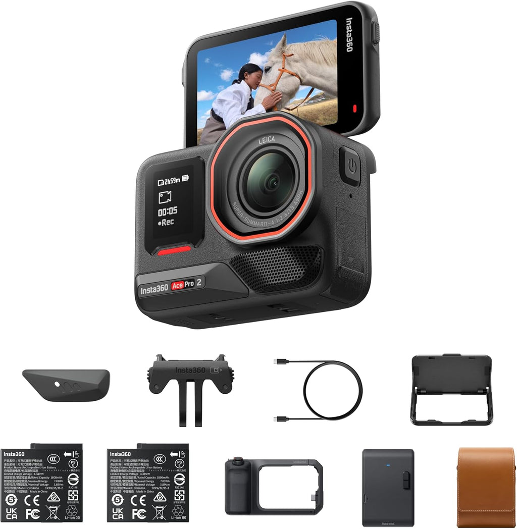 Insta360 Ace Pro 2 Flash Print Bundle - 8K Waterproof Action Camera Co-Engineered with Leica  1/1.3" Sensor  Dual AI Chip  Leading Low Light  Xplorer Grip Pro Kit for Street Photography