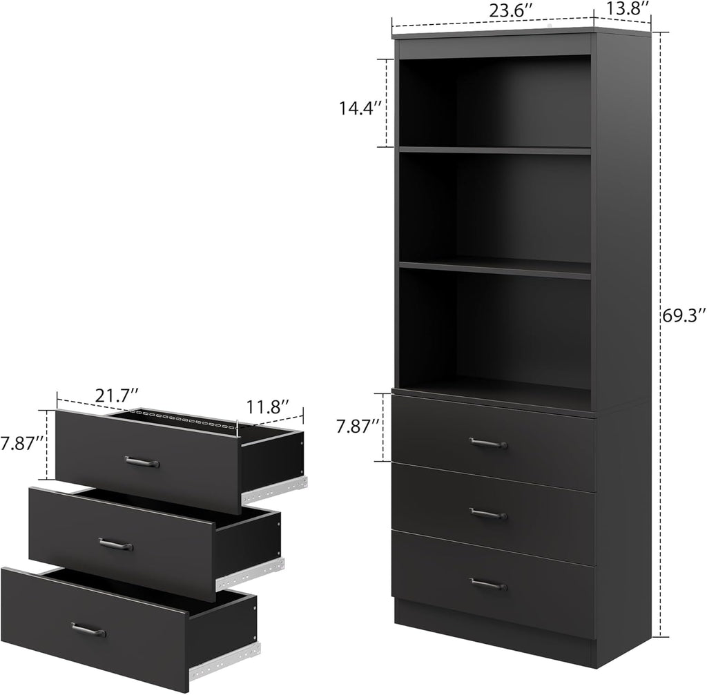 70" H Black Bookshelf with Drawers, Tall Bookcase with 3-Tier Open Shelves, Bookshelf and Bookcase with Storage Cabinet for Home Office,Living Room(Black,6-Tier)