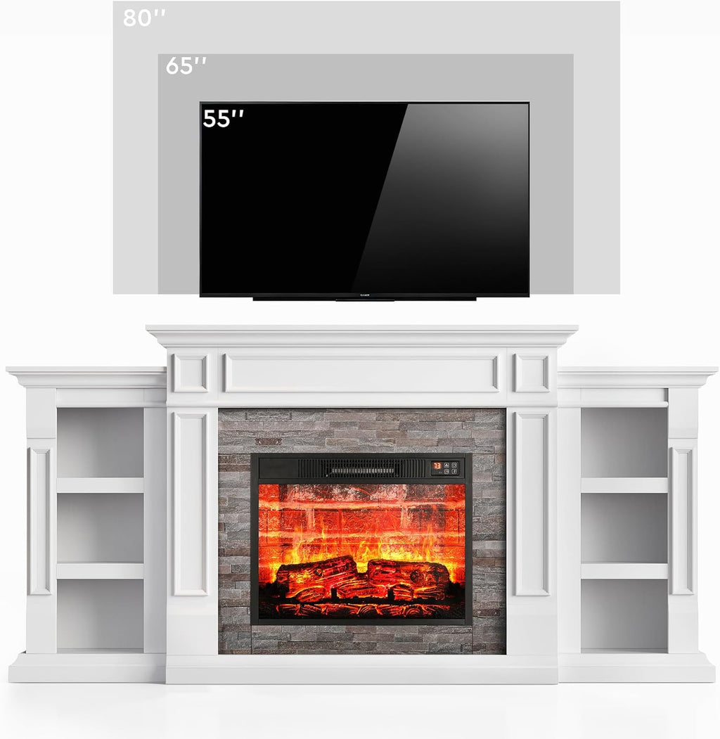 LGHM 72" Electric Fireplace with Mantel, Fireplace TV Stand for TVs Up to 80 Inch, Modern Entertainment Center with Storage, Fireplace Heater Insert with Realistic 3D Flame for Living Room