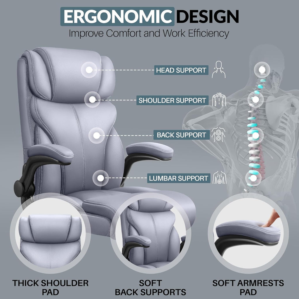 Office Chair, Leather Chair with Adjustable High Back Flip-up Armrests，Ergonomic Desk Chairs Big and Tall, Lumbar Support Swivel Computer Chair with Rocking Function
