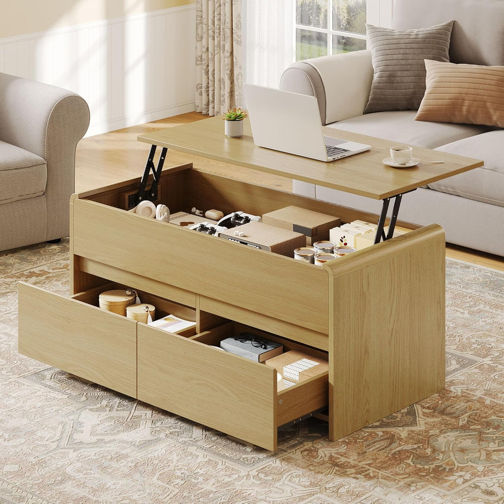 Coffee Table Lift Top with 2 Drawers, 40 Inch Multi-Function Coffee Table with Hidden Compartment, Curved Profile Design, Converts to Home Office Table for Living Room, Natural