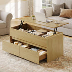 Coffee Table Lift Top with 2 Drawers, 40 Inch Multi-Function Coffee Table with Hidden Compartment, Curved Profile Design, Converts to Home Office Table for Living Room, Natural