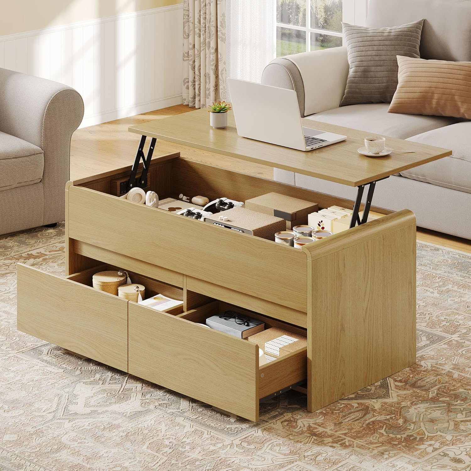 Coffee Table Lift Top with 2 Drawers, 40 Inch Multi-Function Coffee Table with Hidden Compartment, Curved Profile Design, Converts to Home Office Table for Living Room, Natural