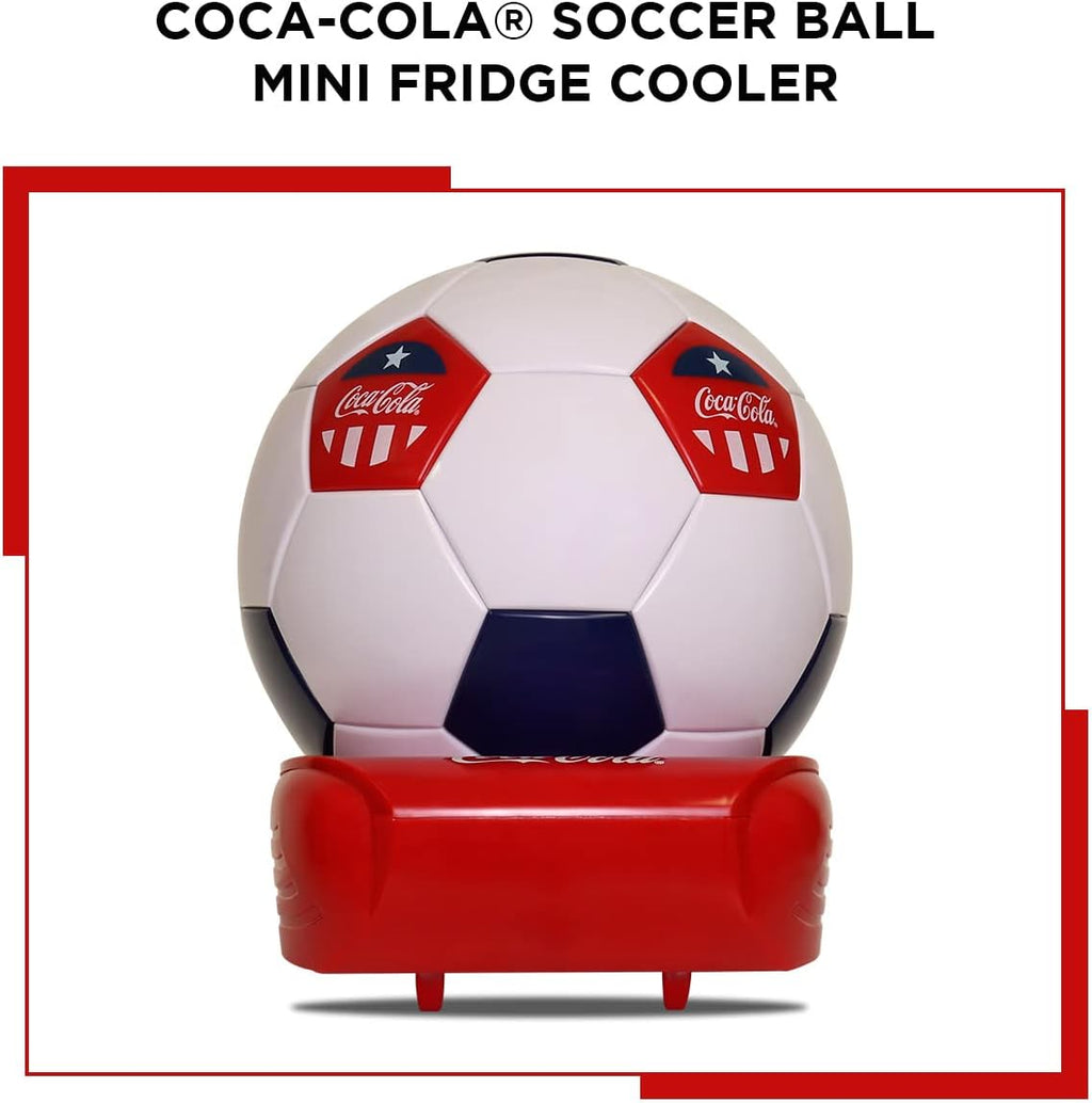 Coca-Cola Soccer Ball 5 Can Cooler, 12V DC/110V AC Cooler, for home, dorm, office, travel, camping, car, boat, truck, beverages, snacks, skincare, cosmetics, medication