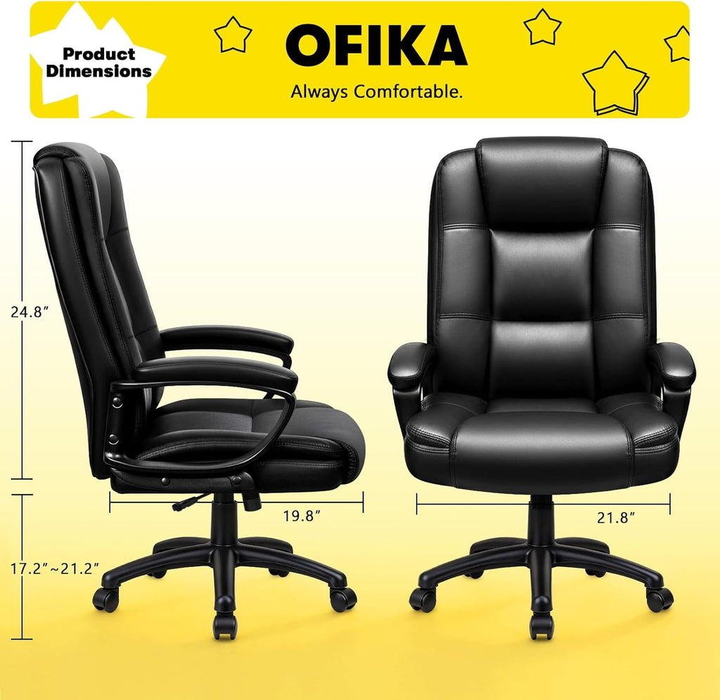 OFIKA Home Office Chair, 400LBS Big and Tall Computer Chair Heavy Duty Design, Ergonomic High Back Cushion Lumbar Back Support, Adjustable Executive Leather with Armrest