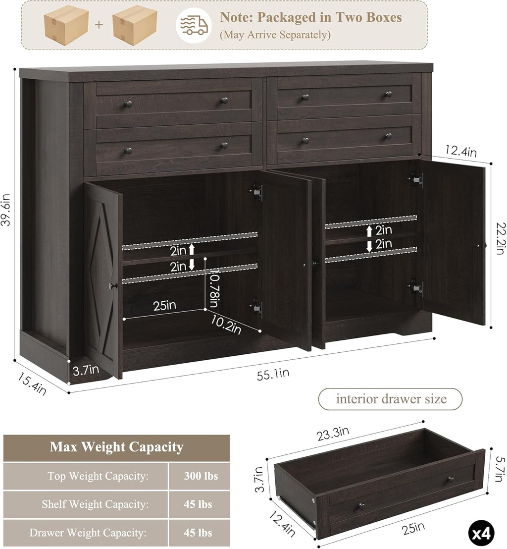 HOSTACK 55" Coffee Bar with 4 Large Drawers, 40" Tall Buffet Cabinet with Storage, Kitchen Storage Cabinet, Modern Farmhouse Sideboard Buffet, Adjustable Shelves for Living Room, Dark Brown
