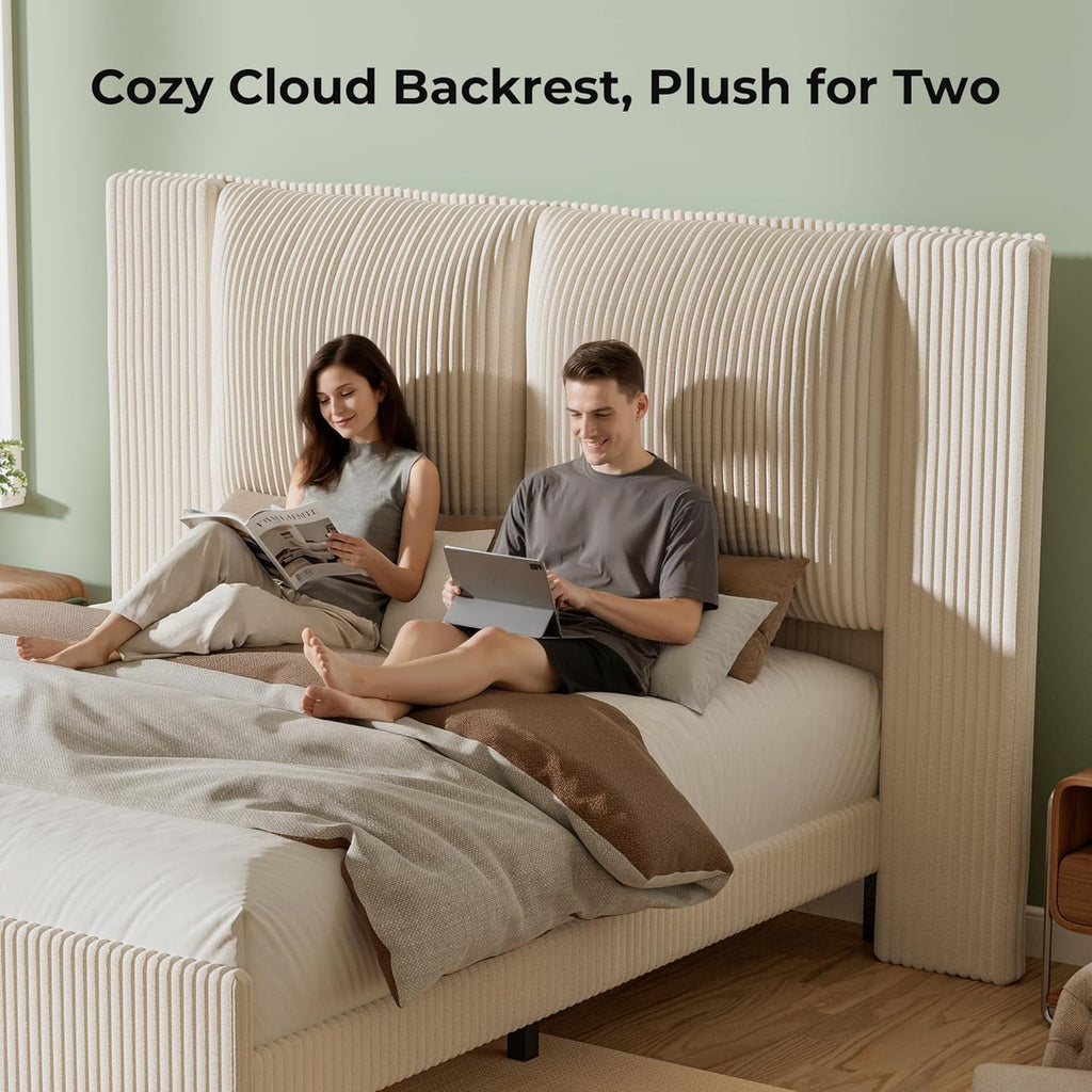 Full Upholstered Bed Frame with 51" Tall Headboard & Widened Corduroy Cushion, Easy Assembly, No Box Spring Needed, Cream