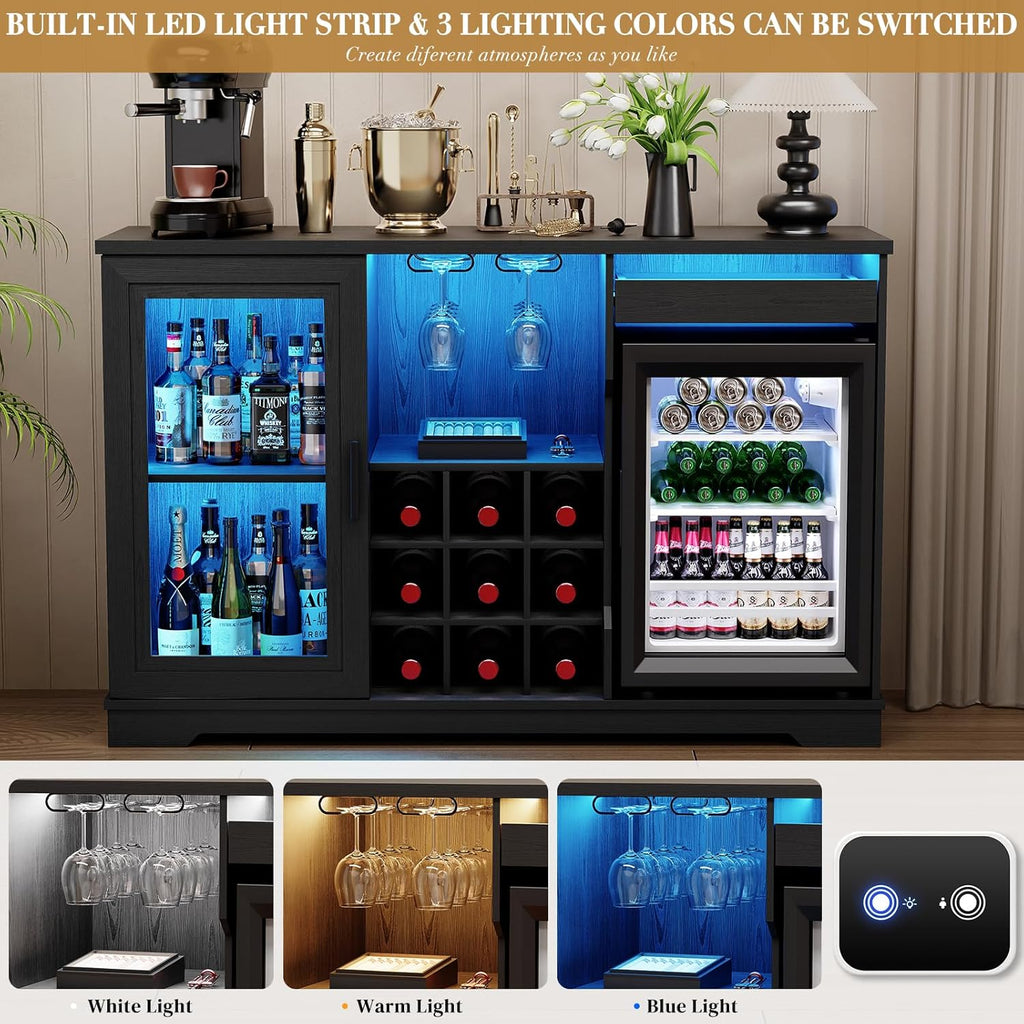 Coffee Bar Cabinet with Fridge (Fridge Included), Large Liquor Bar Cabinet with LED Lights, Glass Holder & Wine Rack, Wine Cabinet with Human Body Sensor, Buffet Sideboard for Home, Black