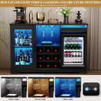 Coffee Bar Cabinet with Fridge (Fridge Included), Large Liquor Bar Cabinet with LED Lights, Glass Holder & Wine Rack, Wine Cabinet with Human Body Sensor, Buffet Sideboard for Home, Black