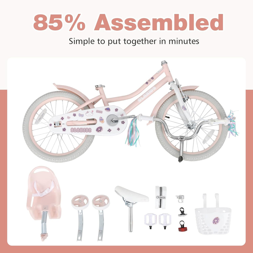 Olakids Kids Bike, 12 14 16 18 20 Inch Toddlers Bike with Doll Seat Basket Adjustable Seat and Handlebar, Handbrake and Coaster Brake, Children's Bicycle for Girls