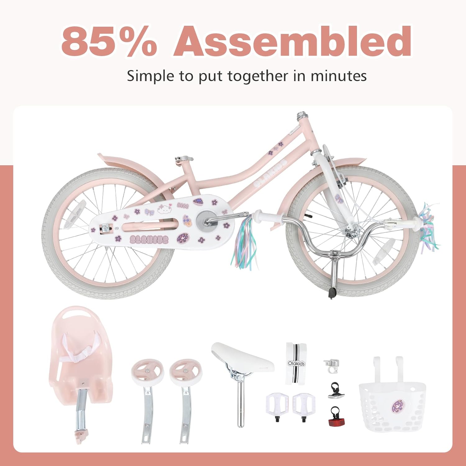 Olakids Kids Bike, 12 14 16 18 20 Inch Toddlers Bike with Doll Seat Basket Adjustable Seat and Handlebar, Handbrake and Coaster Brake, Children's Bicycle for Girls