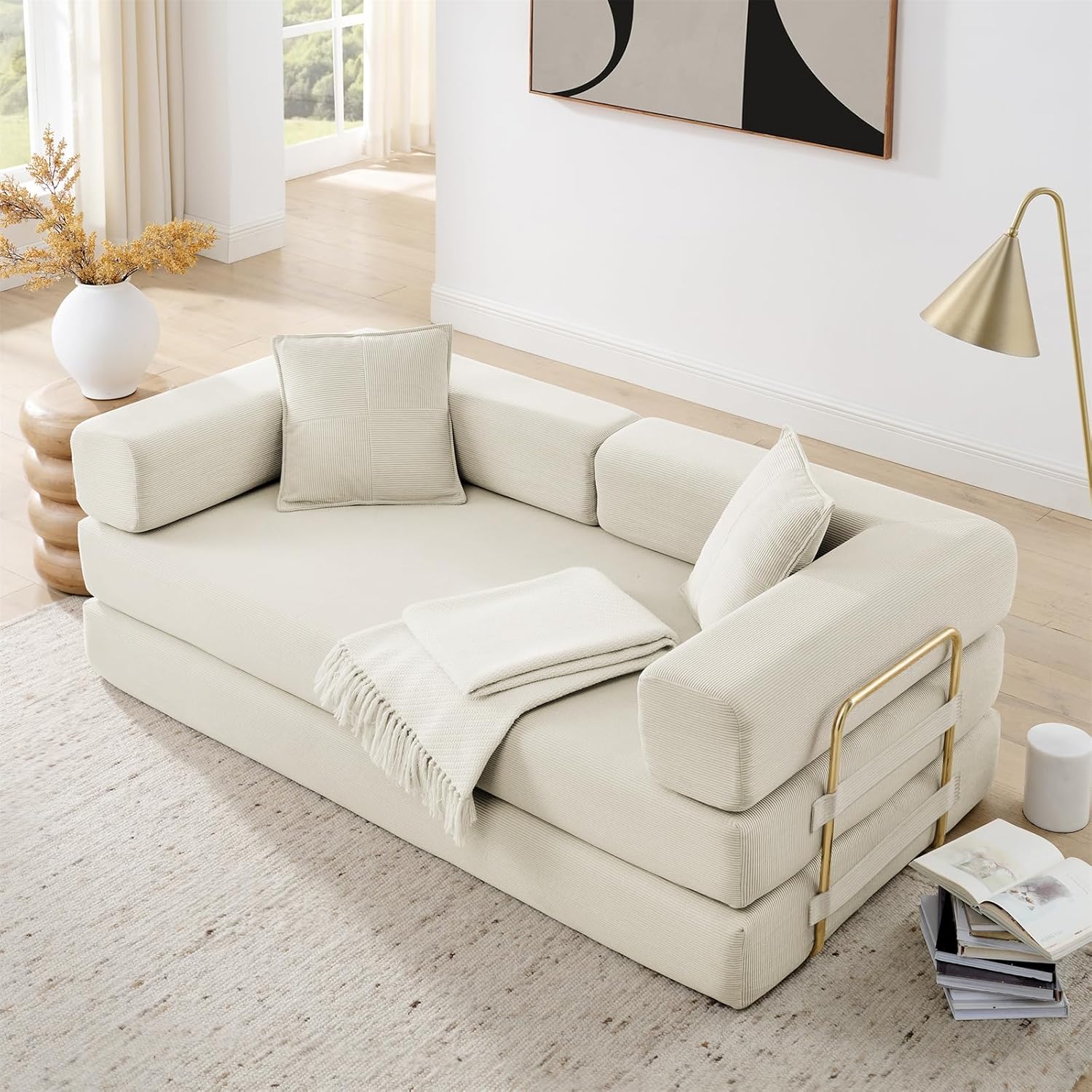 Convertible Folding Sofa Bed, Modern Futon Sleeper Sofa Fold Out Couch Bed with Gold Fixed Frame, Modular Floor Sofas Comfy Corduroy Boneless Couches for Living Room (78" Beige)