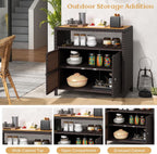 Tangkula Rattan Outdoor Storage Cabinet, Patiojoy Outdoor Cabinet with Acacia Wood Countertop, Open Compartment, 2-Door Wicker Sideboard, Outdoor Bar for Patio Garden Backyard Poolside (Mix Brown)