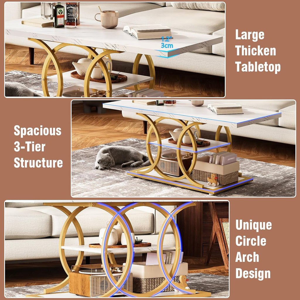 GiftGo Rustic Coffee Table with Storage Modern 3 Tier Center Living Room Table Faux Marble Wooden Rectangle Cocktail Tea Table for Office Bedroom Elegant Full Moon Design (White Gold, L-47)
