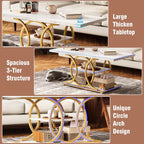 GiftGo Rustic Coffee Table with Storage Modern 3 Tier Center Living Room Table Faux Marble Wooden Rectangle Cocktail Tea Table for Office Bedroom Elegant Full Moon Design (White Gold, L-47)