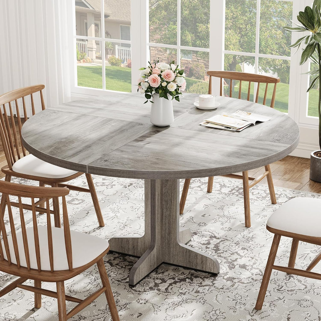 IDEALHOUSE Round Dining Table for 4, 47 Inches Dining Room Table with Wooden Base, Circle Kitchen Dinner Table for Dining Room, Kitchen, Living Room (Table Only), Grey