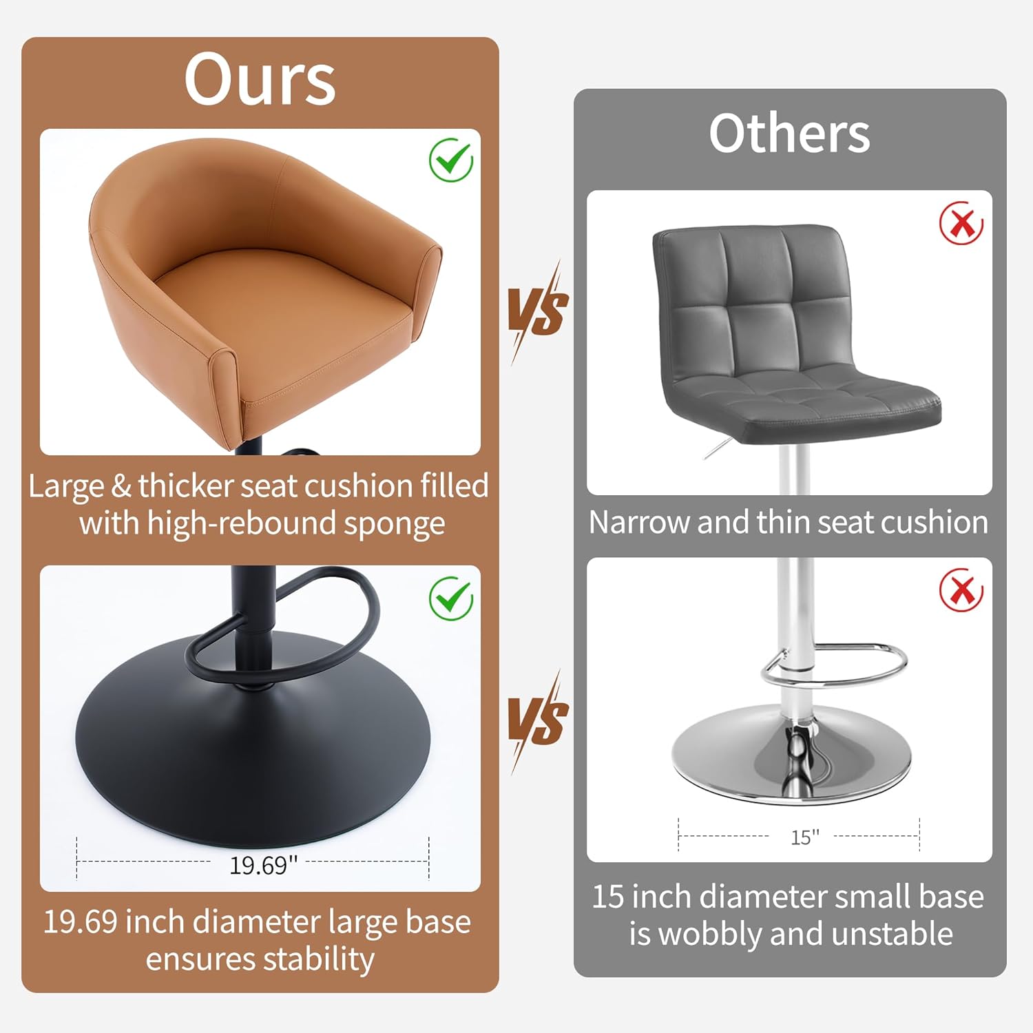 Bar Stools Set of 4, Swivel Counter Height Barstools with Back and Arms, Adjustable Faux Leather Bar Chair, Upholstered Island Stool for Bar, Kitchen, Counter (Caramel Brown, Set of 4)