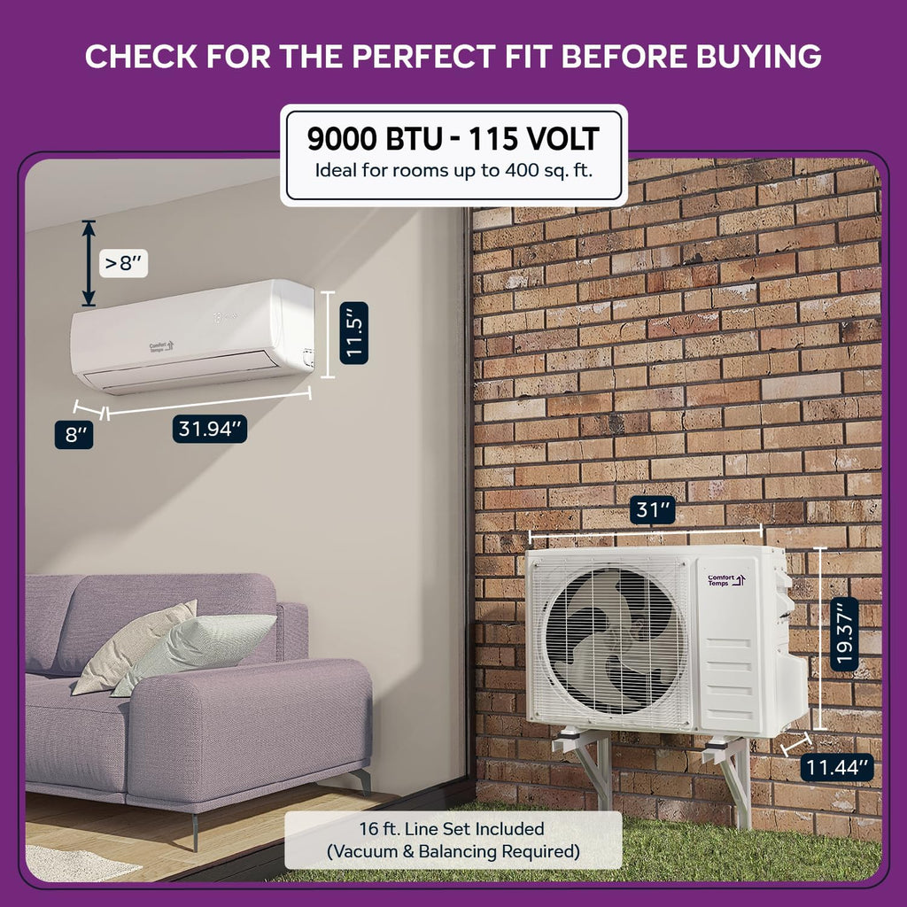 ComfortTemps Elite Series - Energy-Saving 9000 BTU Mini Split 110V – 19 SEER, Pre-Charged, Ductless, Quiet & Comfortable Mini Split AC/Heating System with WiFi & Complete Easy Install Kit