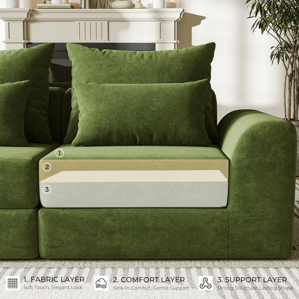 Modular loveseat with Ottoman, L-Shape Boneless Couch, Customizable Sectional Couch, Free Combination Design Sleeper Sofa, Sage Meadow