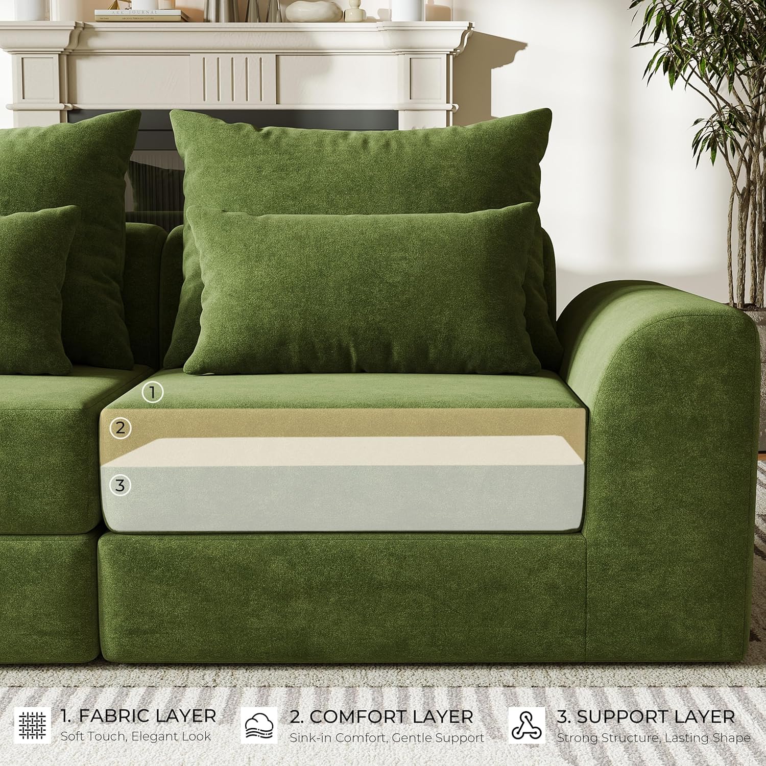 Modular loveseat with Ottoman, L-Shape Boneless Couch, Customizable Sectional Couch, Free Combination Design Sleeper Sofa, Sage Meadow