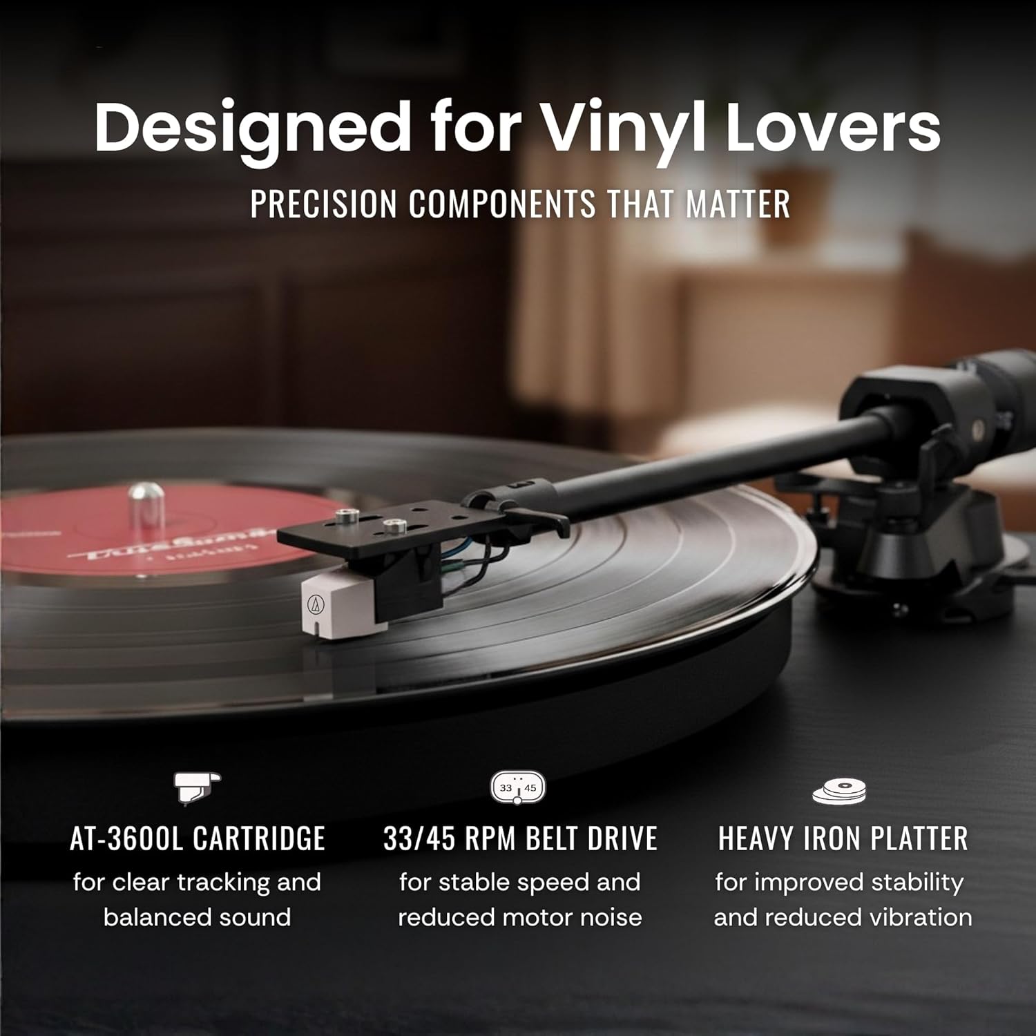 Hi-Fi Record Player with Speakers | Premium Vinyl Turntable with Bluetooth Capability | Built-in 4-Speaker Stereo System for Music Fans  Black Veneer + Silver Trim