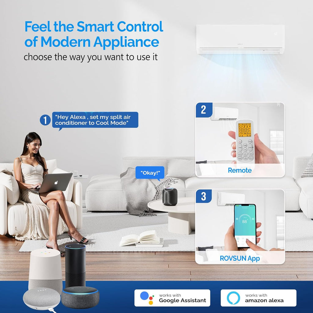 ROVSUN 12,000 BTU Smart WIFI Mini Split AC/Heating System with Inverter & APP Control, 23 SEER2 Ductless Split Air Conditioner with Pre-Charged Condenser, Heat Pump & Installation Kit, 115V
