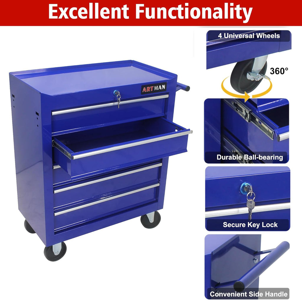 RYH 5 Drawers Rolling Tool Chest & Tool Box on Wheels | Heavy Duty Metal Cart with Ball Bearing Drawers | Fits US General Tool Box for Garage Storage (Blue, 5 Drawers（29.9" H × 24.2" W × 12.9" D)