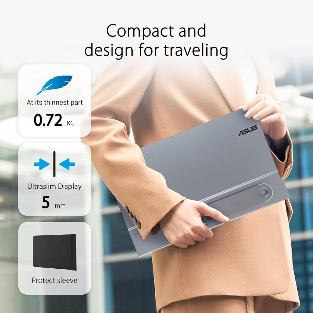 ASUS ZenScreen 16” OLED USB-C portable monitor (MQ16AHE) – Full HD  100% DCI-P3  1ms  HDR-10  Mini HDMI  Eye Care  Proximity Sensor  360° kickstand  Compatible with Laptops  Smartphones  3 yr warranty