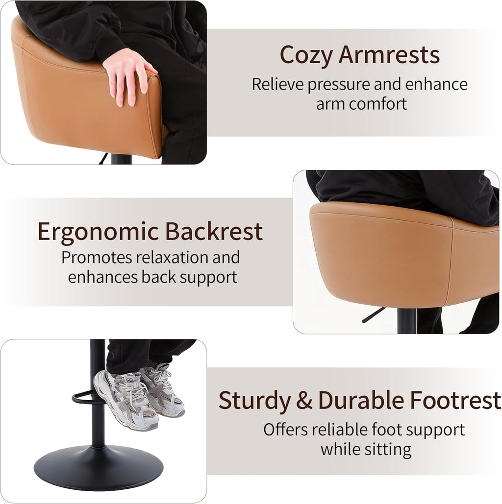 Bar Stools Set of 4, Swivel Counter Height Barstools with Back and Arms, Adjustable Faux Leather Bar Chair, Upholstered Island Stool for Bar, Kitchen, Counter (Caramel Brown, Set of 4)