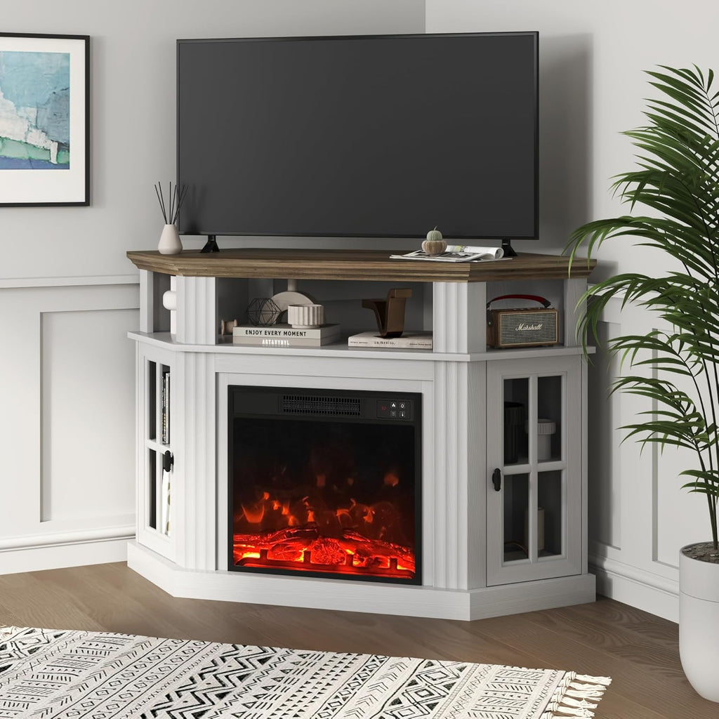 YESHOMY Corner Fireplace TV Stand for Television up to 55" with Storage Cabinets, Entertainment Center, Media Console for Living Room, Bedroom, White＆Rustic
