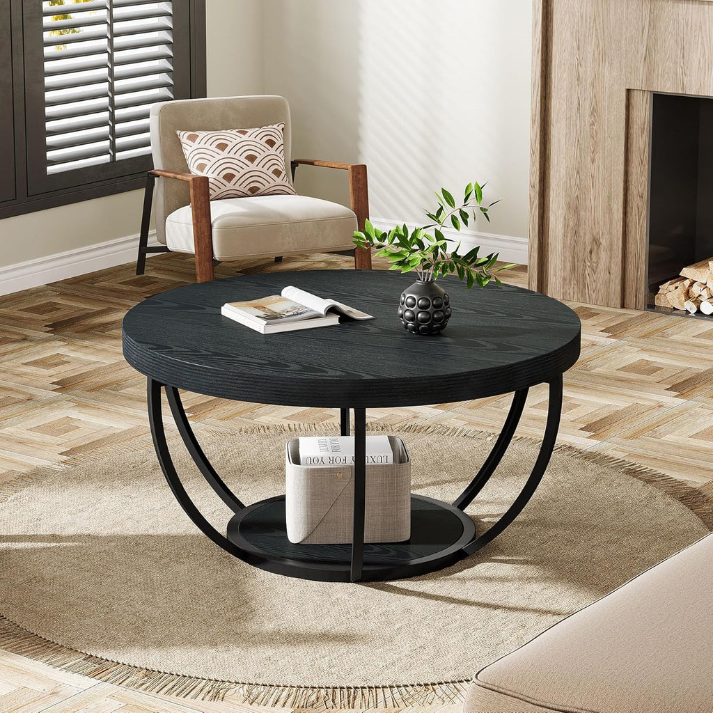 Tribesigns Black Round Coffee Table, 31.7" Modern 2-Tier Circle Coffee Table with Storage Shelves, Accent Cocktail Table Center Table for Living Room