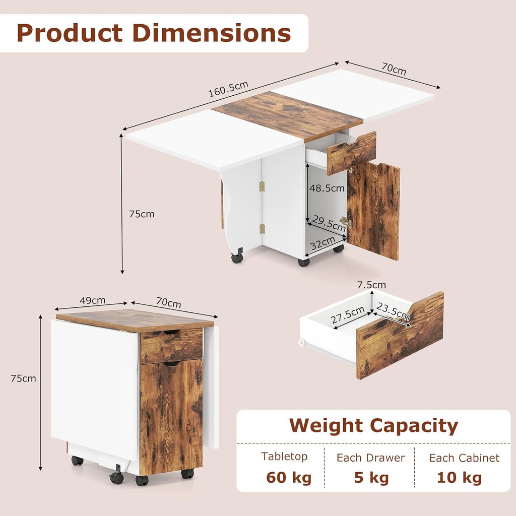 Giantex 3-in-1 Folding Dining Table for 4-6, 69-Inches Drop Leaf Kitchen Table with 2 Drawers and 2 Cabinets, Lockable Wheels, Foldable Dinner Tables for Small Spaces, Dinette (White+Brown)