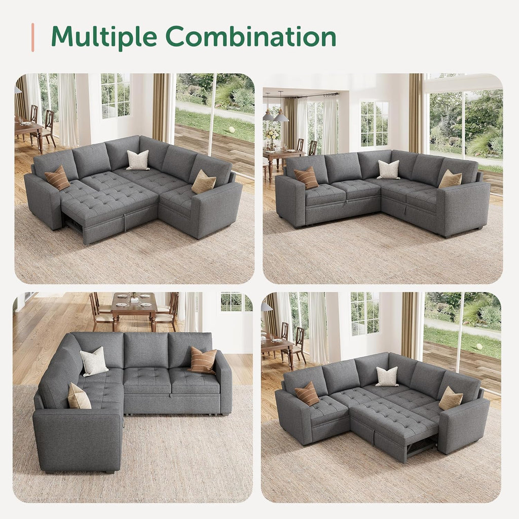HONBAY Modular Sectional Sleeper Sofa with Pull Out Bed, Linen Convertible L Shaped Couch with Storage Seat, Sectional Couches for Living Room,Grey